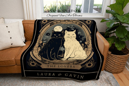 The Lovers Tarot Custom Cat Couple Tarot Tapestry Personalized Anniversary Gift Celestial Art Nouveau Aesthetic Custom Couples Cat Blanket