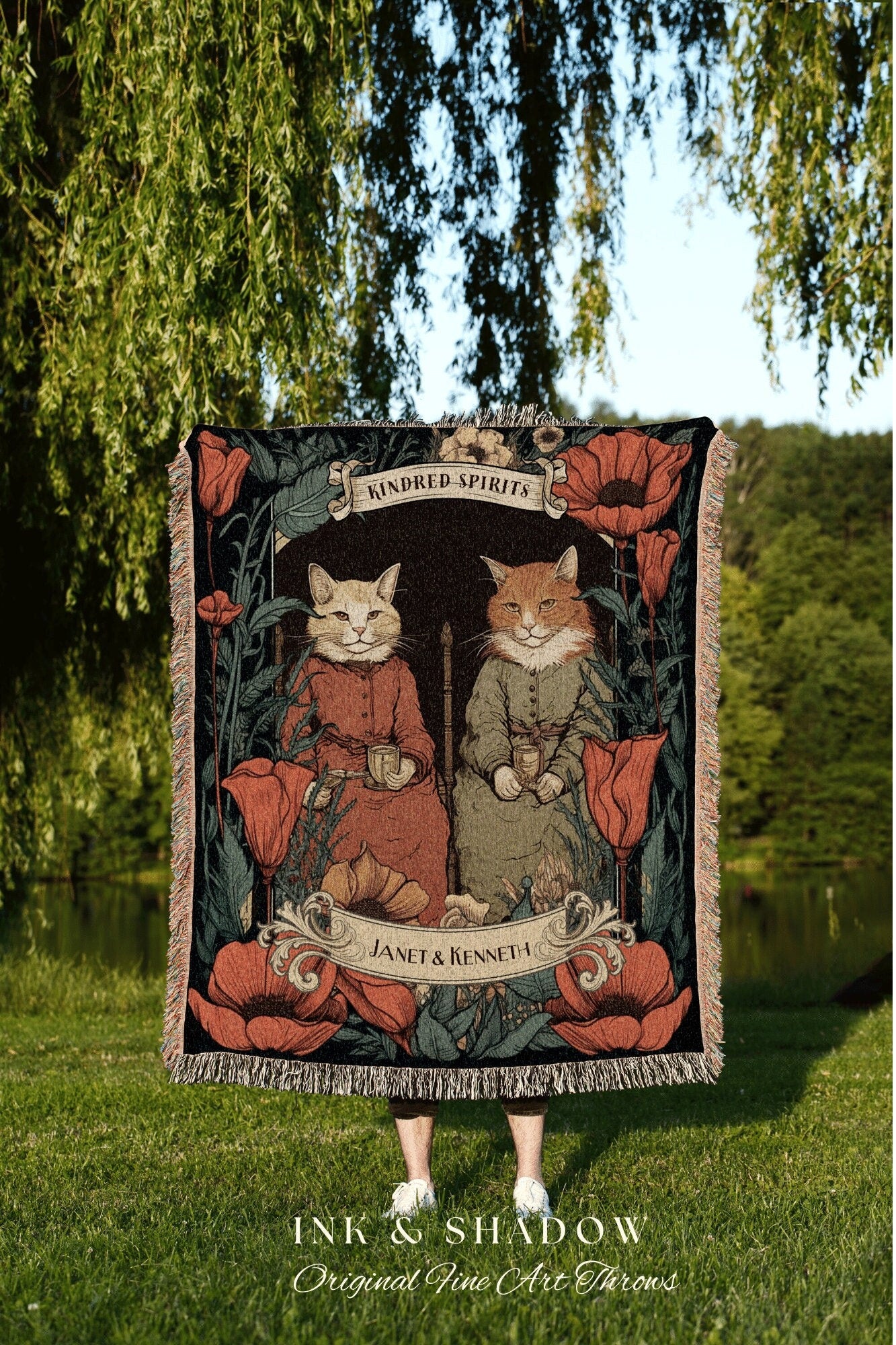 Kindred Spirits Cat Blanket | Vintage Cat Funny Tapestry Personalized Anniversary Gift Celestial Art Nouveau Room Decor Tapestry Custom Gift