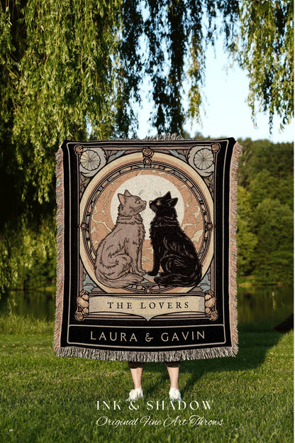 Custom Tarot Cat Tapestry | Cat Couple Tarot Card Blanket Personalized Anniversary Gift | Celestial Art Nouveau Tarot Card Custom Couples |