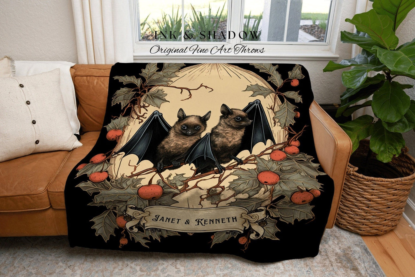 Bat Blanket Vintage Custom | Personalized Couples Gift Gothic Wedding Custom Blanket Woven | Gift for Goth Couples Holiday Bat Blanket Goth