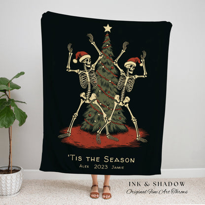 Dancing Skeletons Holiday Blanket | Custom Christmas Gift for Best Friend Blanket Woven Tapestry | Holiday Custom Name Blanket Spooky Cute |