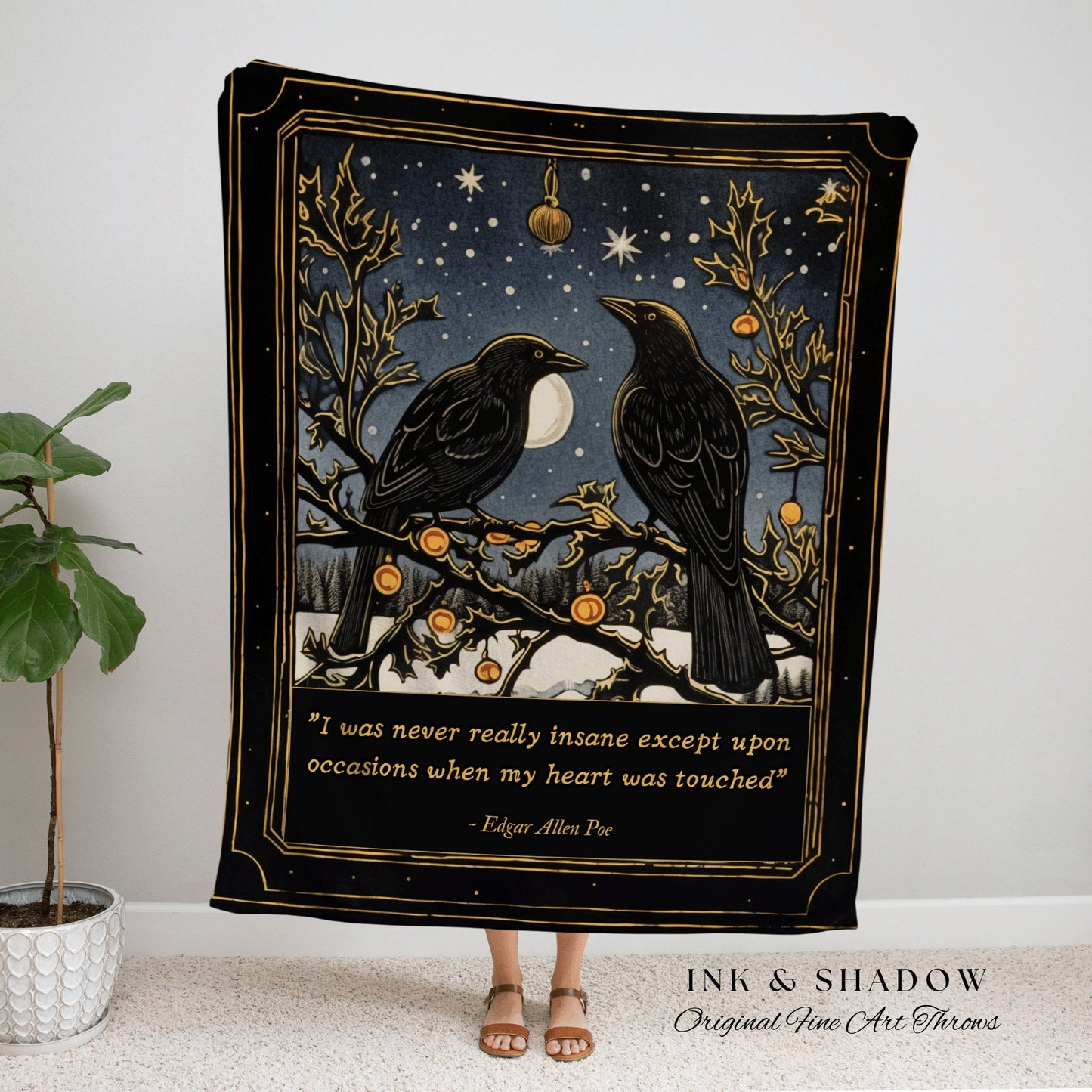 The Raven Custom Poem Blanket | Crowcore Tapestry Vintage Blanket Woven | Black Crow Raven Poe Tapestry Gothic Throw Blanket Book Lover Art