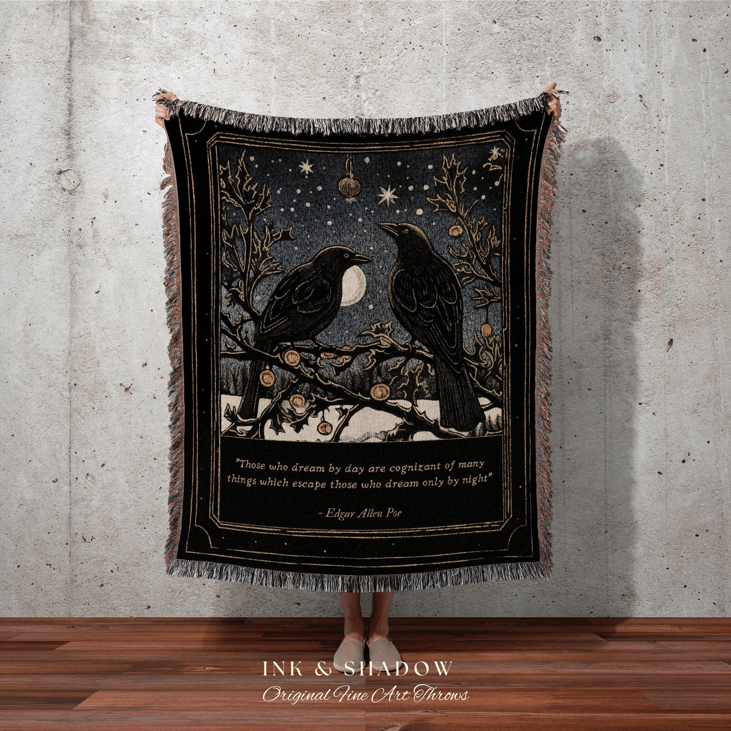 Personalized Poe Quote Blanket | Crowcore Tapestry Vintage Blanket Woven | Black Crow Raven Poe Tapestry Gothic Throw Blanket Book Lover Art