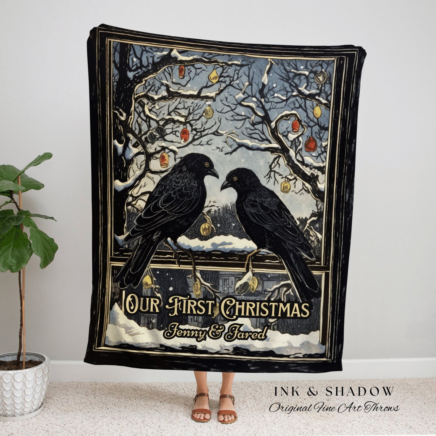 Winter Crowcore Blanket | Dark Academia Home Decor Goth Christmas Tapestry Dark Cottagecore | Vintage Occult Tapestry Black Crow Raven Art |