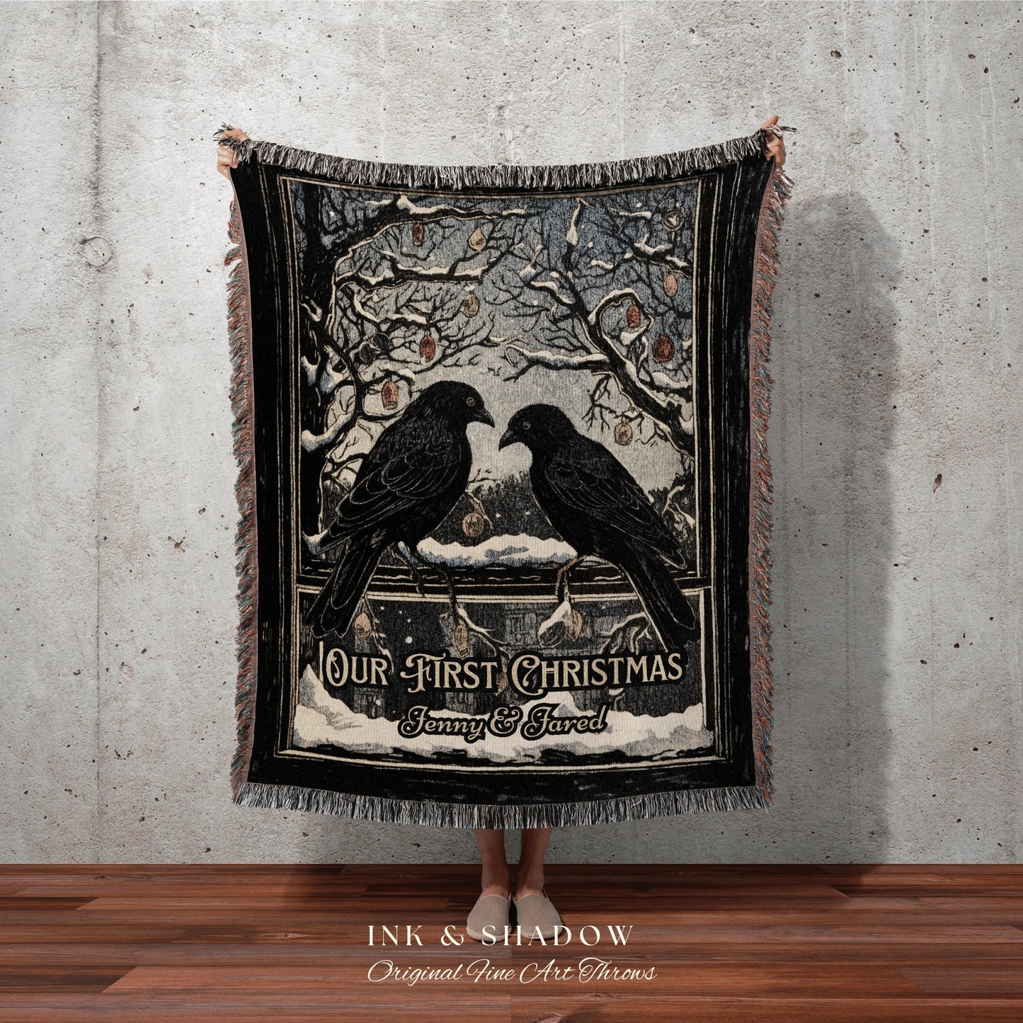 Winter Crowcore Blanket | Dark Academia Home Decor Goth Christmas Tapestry Dark Cottagecore | Vintage Occult Tapestry Black Crow Raven Art |