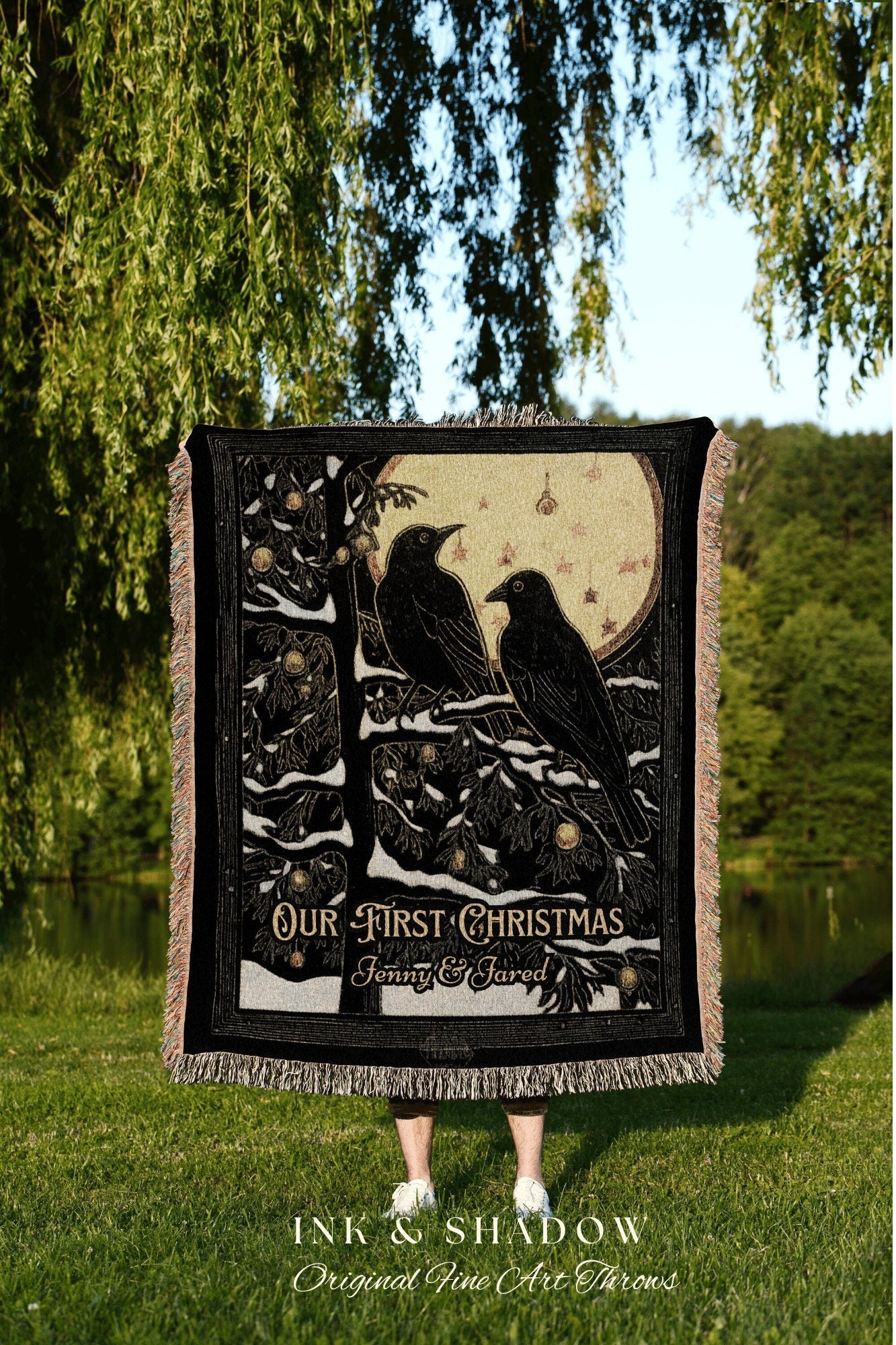 Witchy Christmas Blanket | Dark Academia Home Decor Goth Christmas Tapestry Dark Cottagecore | Vintage Occult Tapestry Black Crow Raven Art