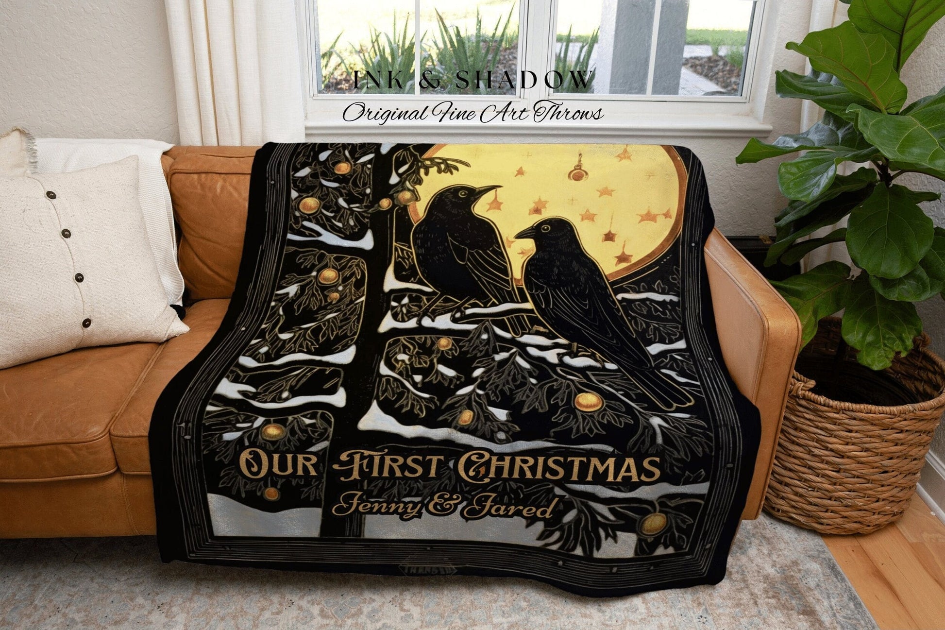 Witchy Christmas Blanket | Dark Academia Home Decor Goth Christmas Tapestry Dark Cottagecore | Vintage Occult Tapestry Black Crow Raven Art