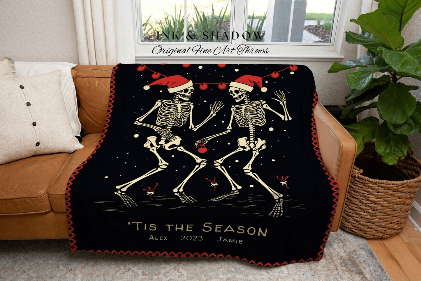 Spooky Christmas Skeletons | Personalized Christmas Gift for Best Friend Blanket Woven Tapestry | Holiday Custom Name Blanket Spooky Cute |