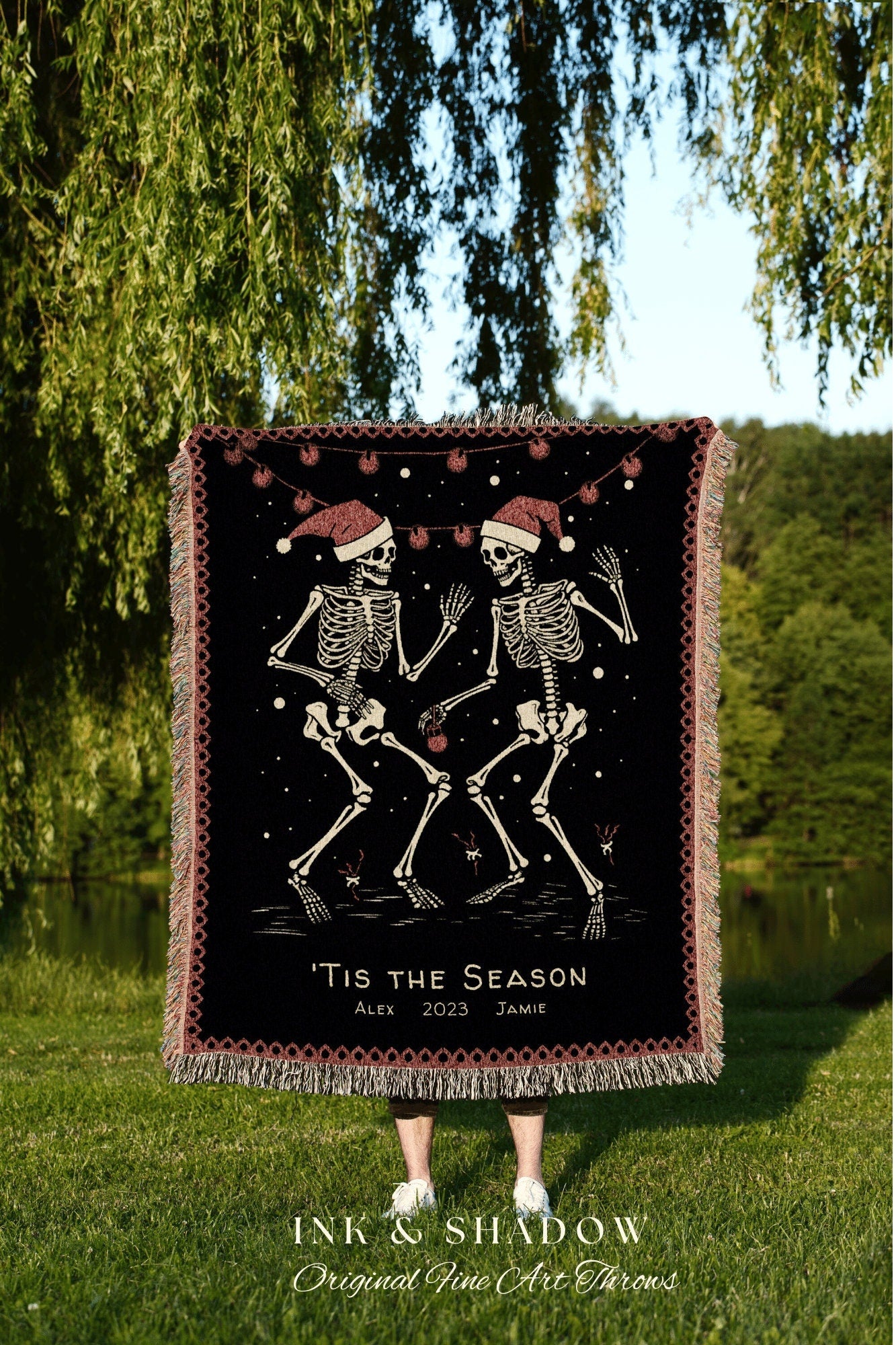 Spooky Christmas Skeletons | Personalized Christmas Gift for Best Friend Blanket Woven Tapestry | Holiday Custom Name Blanket Spooky Cute |