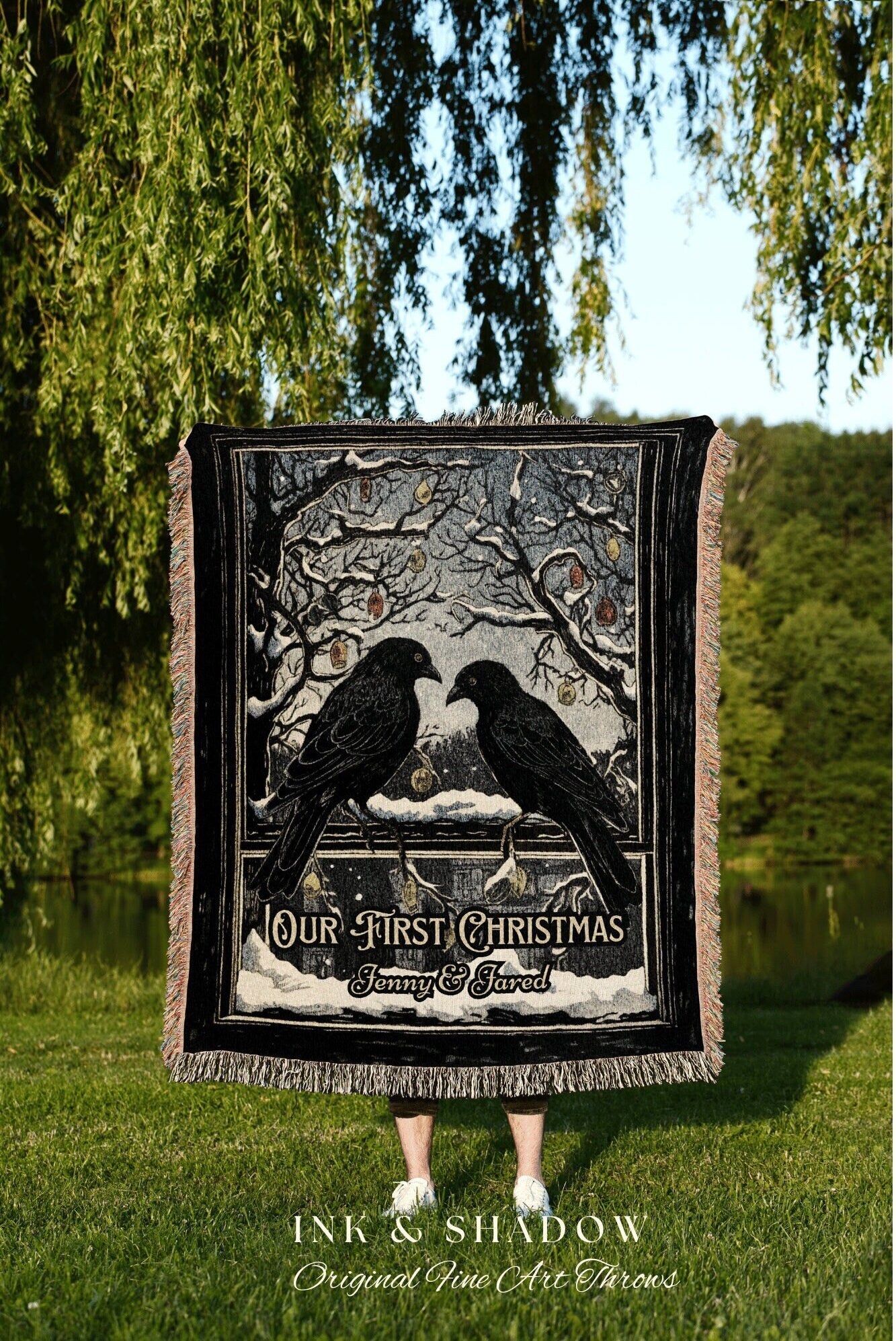 Winter Crowcore Blanket | Dark Academia Home Decor Goth Christmas Tapestry Dark Cottagecore | Vintage Occult Tapestry Black Crow Raven Art |