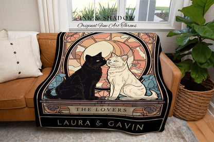 Tarot Cat Blanket 'The Lovers' | Cat Couple Tarot Tapestry Personalized Anniversary Gift | Celestial Art Nouveau Tarot Card Custom Couples