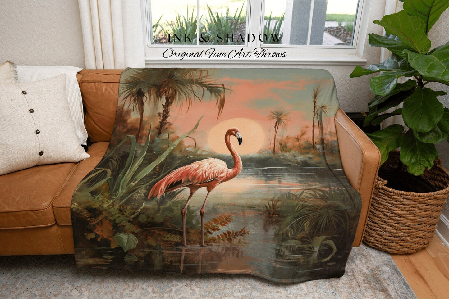 Flamingo Blanket Woven | Jungle Painting Wall Art Beachy Blanket Woven | Flamingo Home Decor Beach House Blanket Tropical Jungle Tapestry |