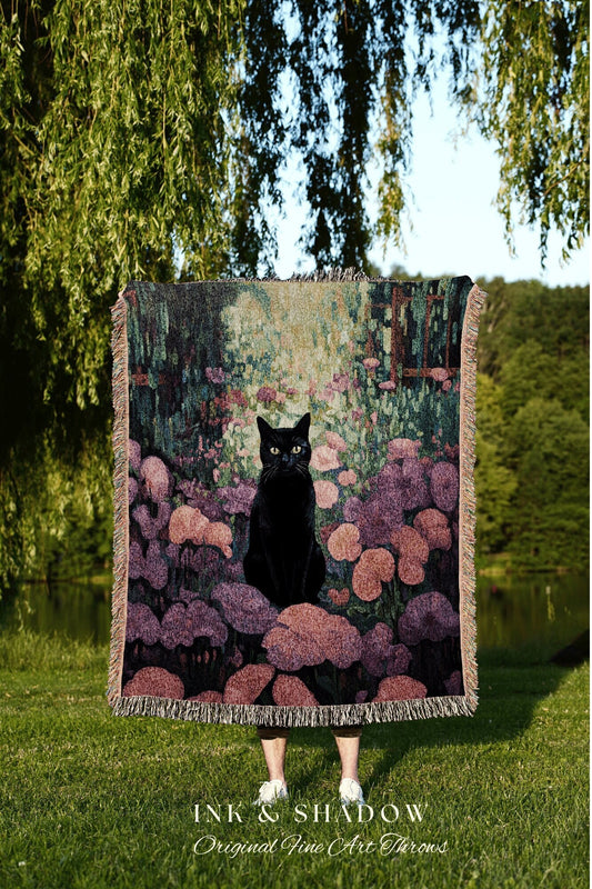 Floral Tapestry Gothic Cat Art | Halloween Decor Tapestry Black Cat Woven Blanket Spooky Cat Floral Decor Dark Cottagecore Aesthetic Witchy