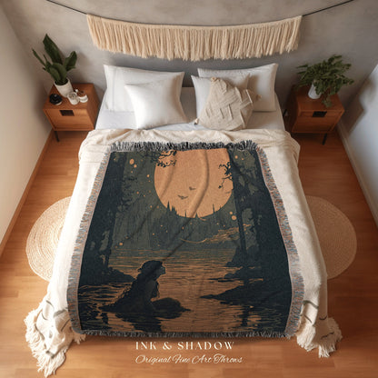 Sea Queen Silhouette Blanket | Celestial Mermaid Decor Woven Blanket Vintage Mermaidcore Aesthetic Room Tapestry Fairycore Decor Art Nouveau