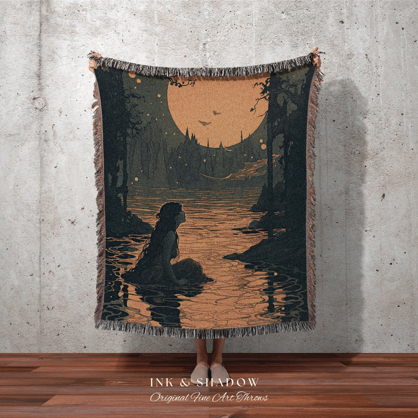 Sea Queen Silhouette Blanket | Celestial Mermaid Decor Woven Blanket Vintage Mermaidcore Aesthetic Room Tapestry Fairycore Decor Art Nouveau