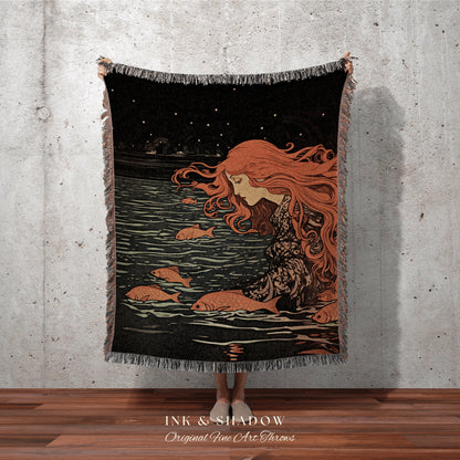 Mythological Mermaid Tapestry | Celestial Mermaid Core Decor Woven Blanket Retro Mermaidcore Aesthetic Tapestry Fairycore Decor Art Nouveau