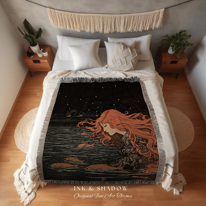 Mythological Mermaid Tapestry | Celestial Mermaid Core Decor Woven Blanket Retro Mermaidcore Aesthetic Tapestry Fairycore Decor Art Nouveau