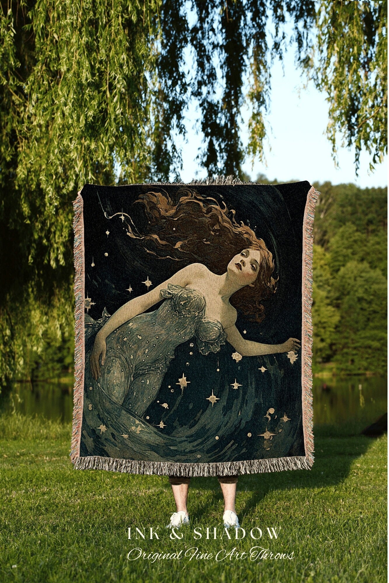 Vintage Fairy Celestial Blanket | Fairy Aesthetic Celestial Wall Art Cottagecore Decor Art Nouveau Tapestry Woven Blanket Fairycore Decor |