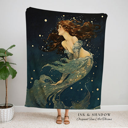 Celestial Mermaid Tapestry | Mermaid Aesthetic Celestial Wall Art Cottagecore Decor Art Nouveau Tapestry Woven Blanket Fairycore Decor |