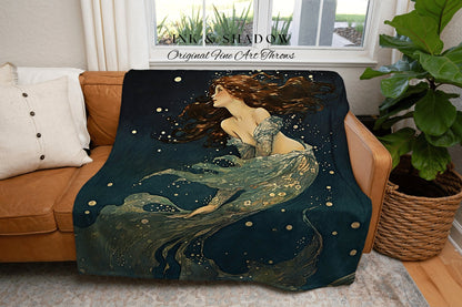 Celestial Mermaid Tapestry | Mermaid Aesthetic Celestial Wall Art Cottagecore Decor Art Nouveau Tapestry Woven Blanket Fairycore Decor |