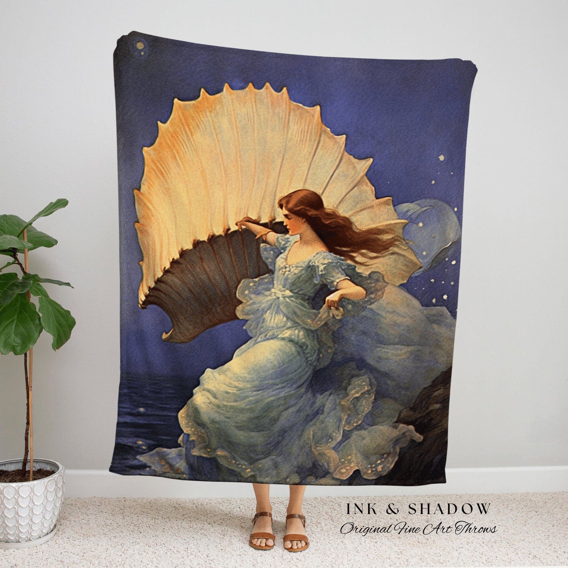 Ethereal Ocean Witch Blanket | Mermaid Aesthetic Celestial Wall Art Cottagecore Decor Art Nouveau Tapestry Woven Blanket Mermaidcore Decor |