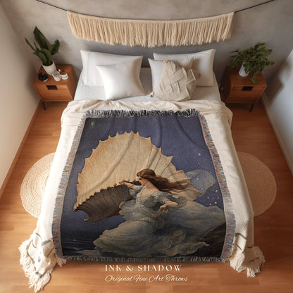 Ethereal Ocean Witch Blanket | Mermaid Aesthetic Celestial Wall Art Cottagecore Decor Art Nouveau Tapestry Woven Blanket Mermaidcore Decor |