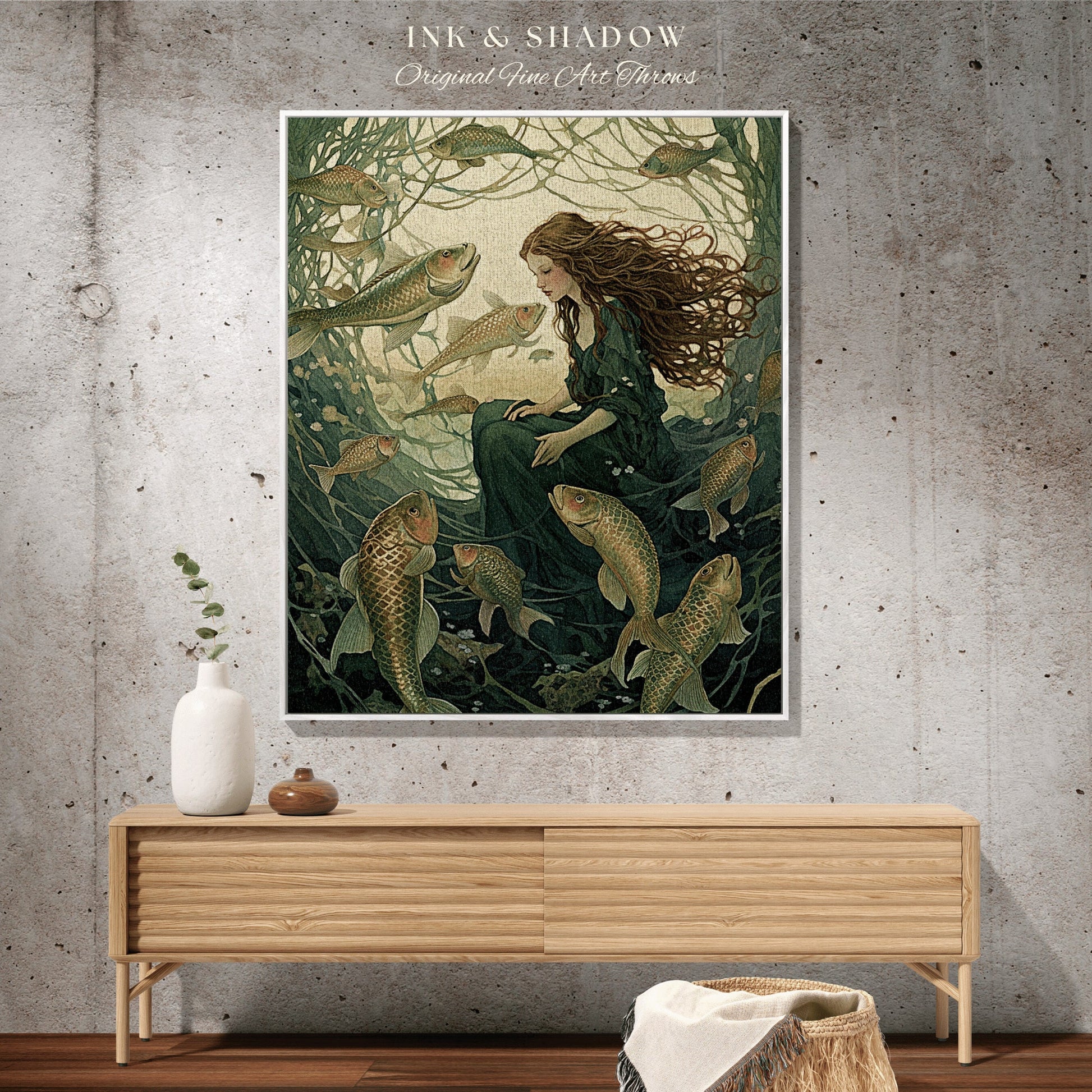 Goblincore Mermaid Tapestry | Fairy Aesthetic Celestial Cottagecore Decor Art Nouveau Tapestry Woven Blanket Fairycore Decor Retro Mermaid |