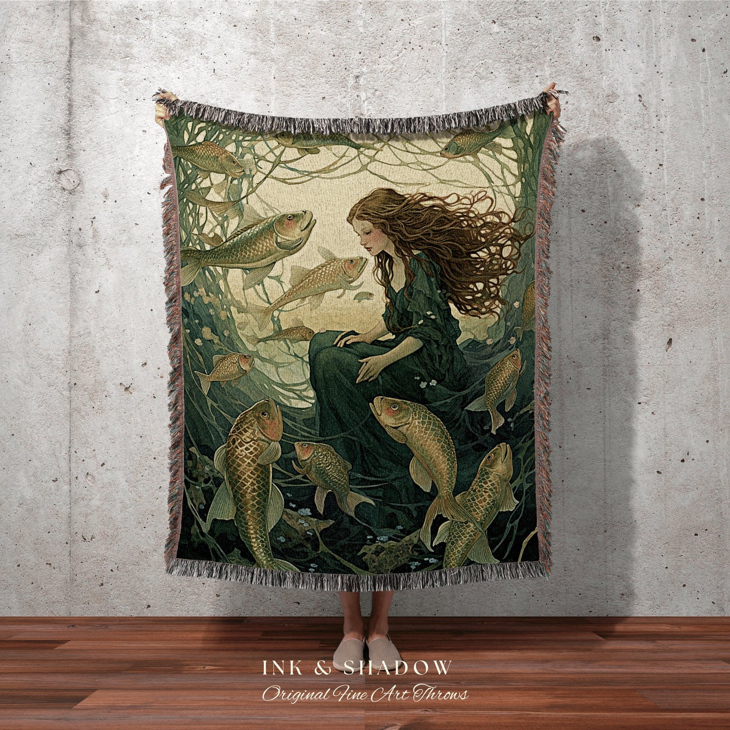 Goblincore Mermaid Tapestry | Fairy Aesthetic Celestial Cottagecore Decor Art Nouveau Tapestry Woven Blanket Fairycore Decor Retro Mermaid |