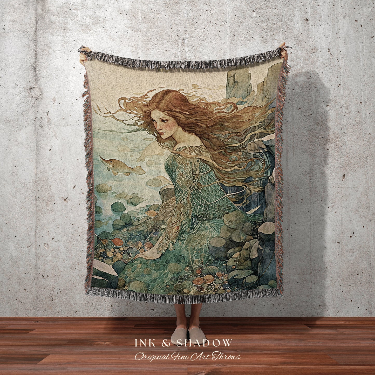 Fairycore Mermaid Blanket | Fairy Aesthetic Celestial Cottagecore Decor Art Nouveau Tapestry Woven Blanket Fairycore Decor Vintage Mermaid |