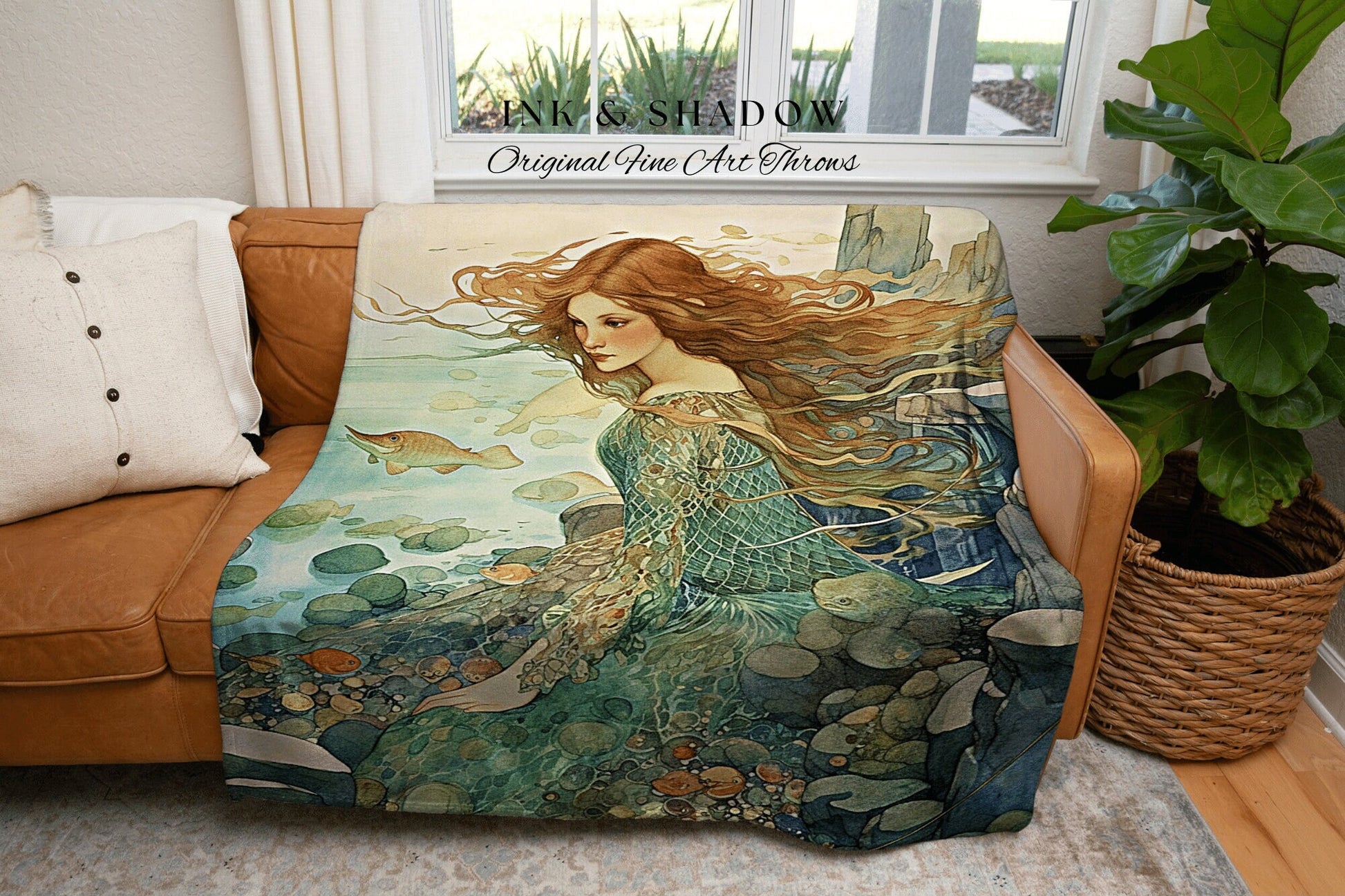 Fairycore Mermaid Blanket | Fairy Aesthetic Celestial Cottagecore Decor Art Nouveau Tapestry Woven Blanket Fairycore Decor Vintage Mermaid |