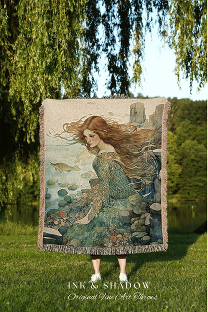 Fairycore Mermaid Blanket | Fairy Aesthetic Celestial Cottagecore Decor Art Nouveau Tapestry Woven Blanket Fairycore Decor Vintage Mermaid |