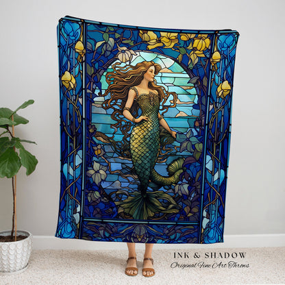 Stained Glass Mermaid Blanket | Celestial Mermaid Cottagecore Decor Art Nouveau Tapestry Woven Blanket Mermaidcore Decor Vintage Aesthetic |