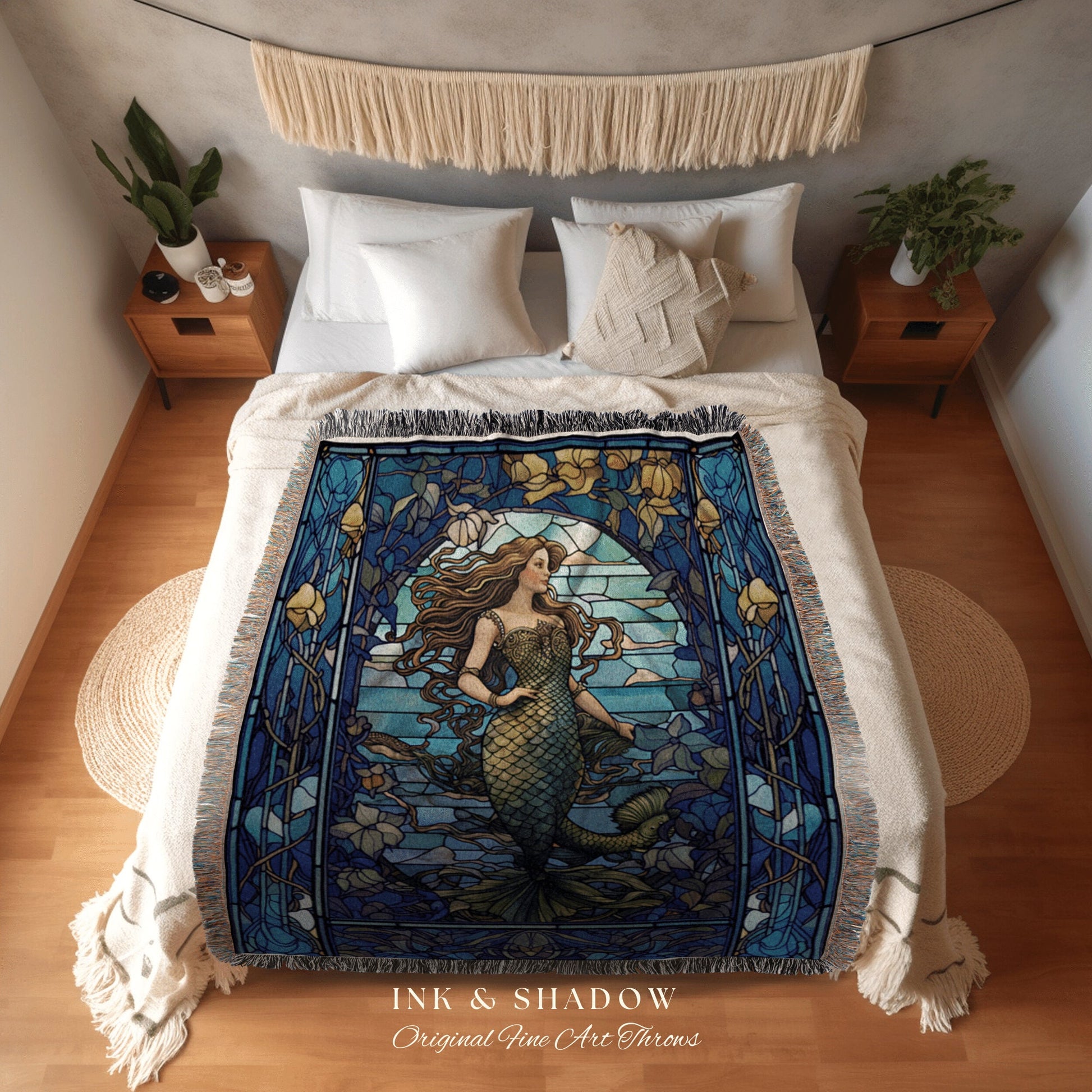 Stained Glass Mermaid Blanket | Celestial Mermaid Cottagecore Decor Art Nouveau Tapestry Woven Blanket Mermaidcore Decor Vintage Aesthetic |