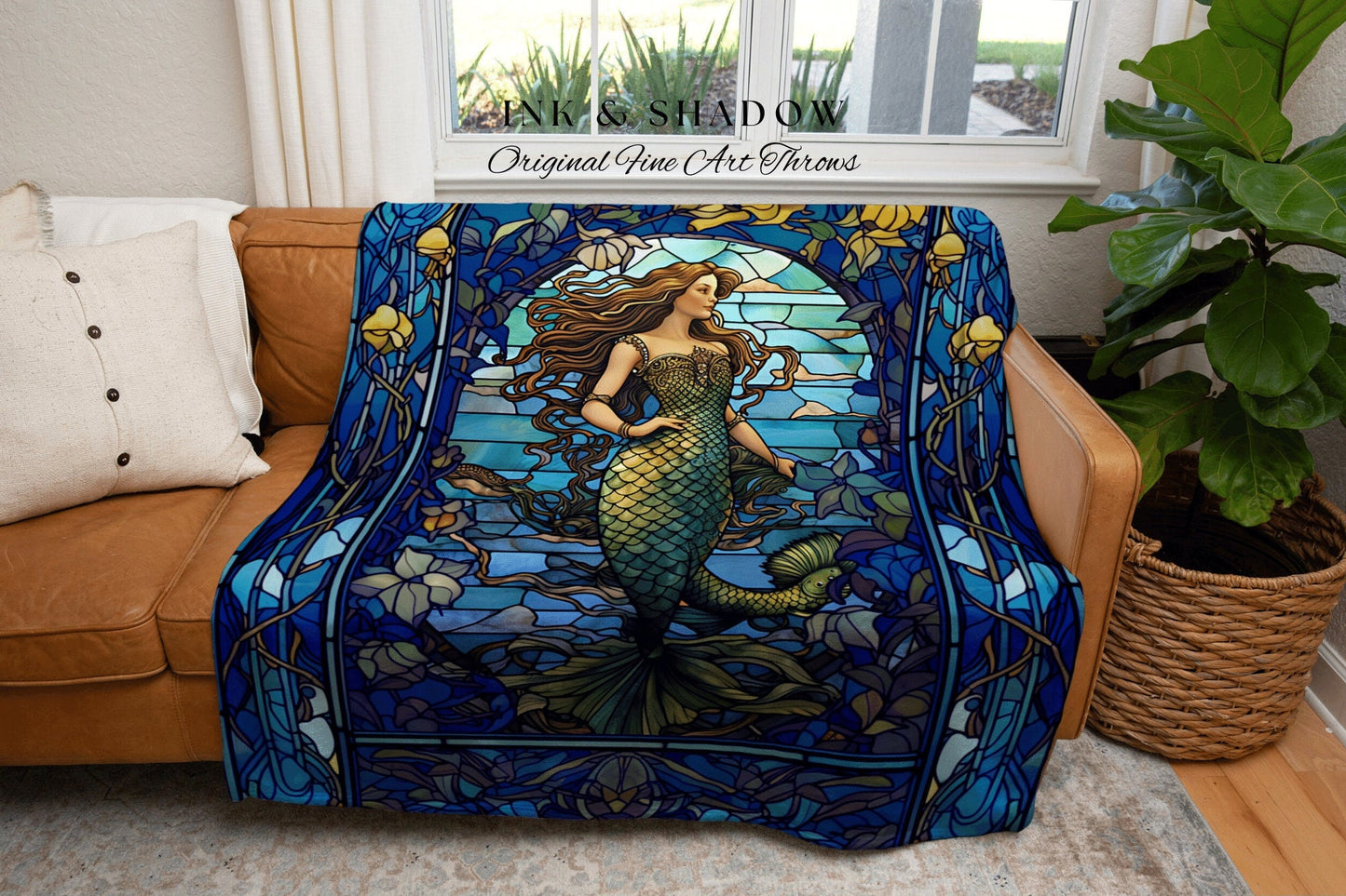 Stained Glass Mermaid Blanket | Celestial Mermaid Cottagecore Decor Art Nouveau Tapestry Woven Blanket Mermaidcore Decor Vintage Aesthetic |