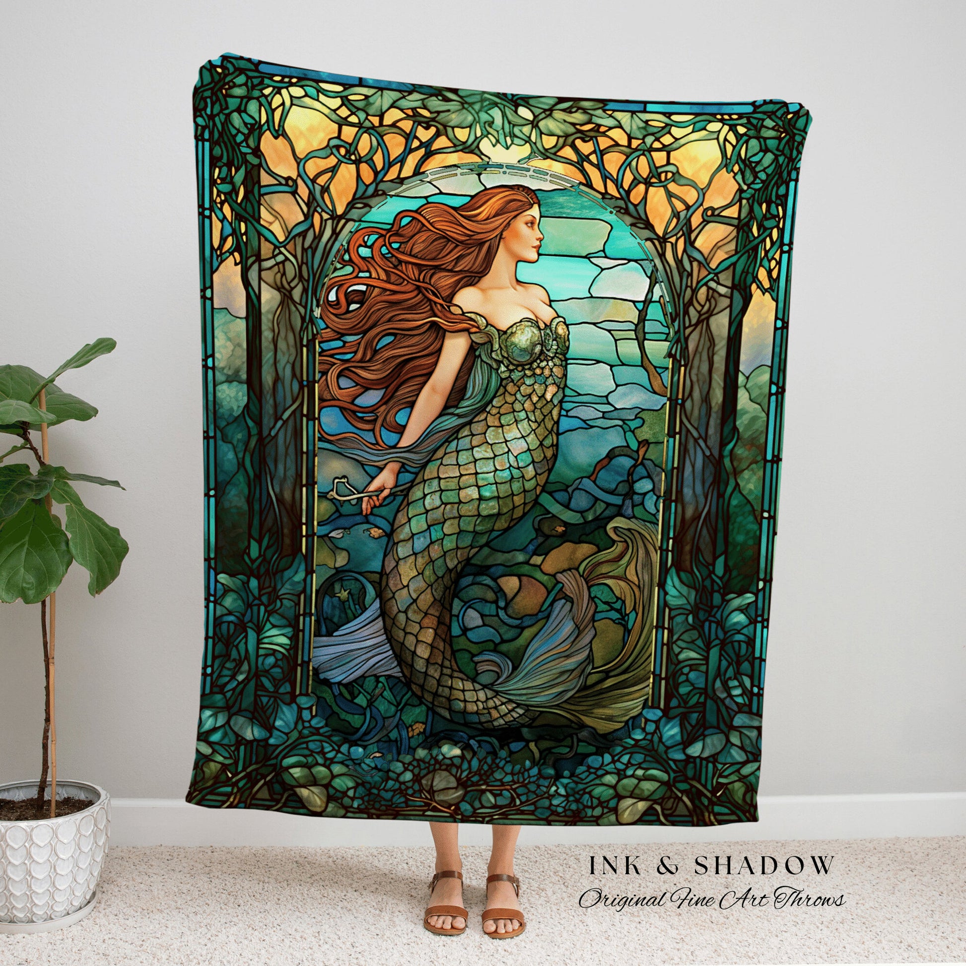 Mystical Mermaid Blanket Ethereal | Celestial Mermaid Cottagecore Decor Art Nouveau Tapestry Woven Blanket Mermaidcore Decor Stained Glass |