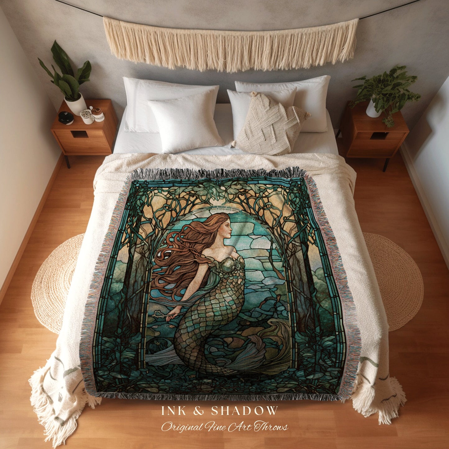 Mystical Mermaid Blanket Ethereal | Celestial Mermaid Cottagecore Decor Art Nouveau Tapestry Woven Blanket Mermaidcore Decor Stained Glass |