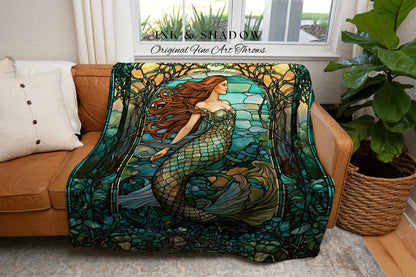 Mystical Mermaid Blanket Ethereal | Celestial Mermaid Cottagecore Decor Art Nouveau Tapestry Woven Blanket Mermaidcore Decor Stained Glass |