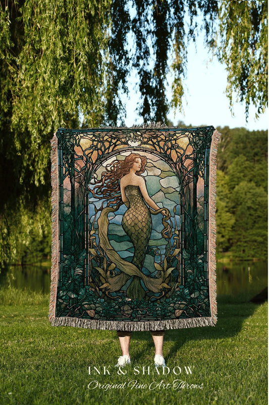 Mermaidcore Stained Glass Tapestry | Celestial Mermaid Cottagecore Decor Art Nouveau Tapestry Woven Blanket Mermaidcore Decor Stained Glass