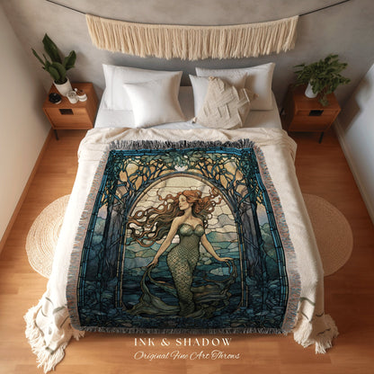 Mermaid Aesthetic Tapestry | Celestial Mermaid Cottagecore Ethereal Decor Art Nouveau Tapestry Woven Blanket Mermaidcore Decor Stained Glass