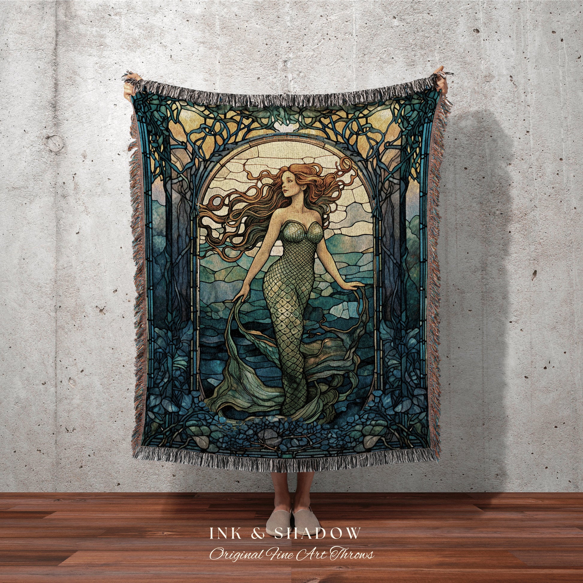 Mermaid Aesthetic Tapestry | Celestial Mermaid Cottagecore Ethereal Decor Art Nouveau Tapestry Woven Blanket Mermaidcore Decor Stained Glass