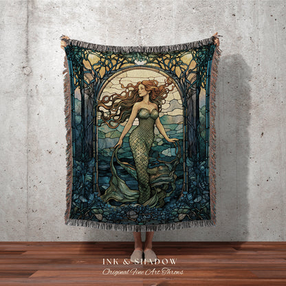 Mermaid Aesthetic Tapestry | Celestial Mermaid Cottagecore Ethereal Decor Art Nouveau Tapestry Woven Blanket Mermaidcore Decor Stained Glass