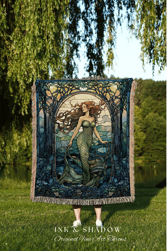 Mermaid Aesthetic Tapestry | Celestial Mermaid Cottagecore Ethereal Decor Art Nouveau Tapestry Woven Blanket Mermaidcore Decor Stained Glass