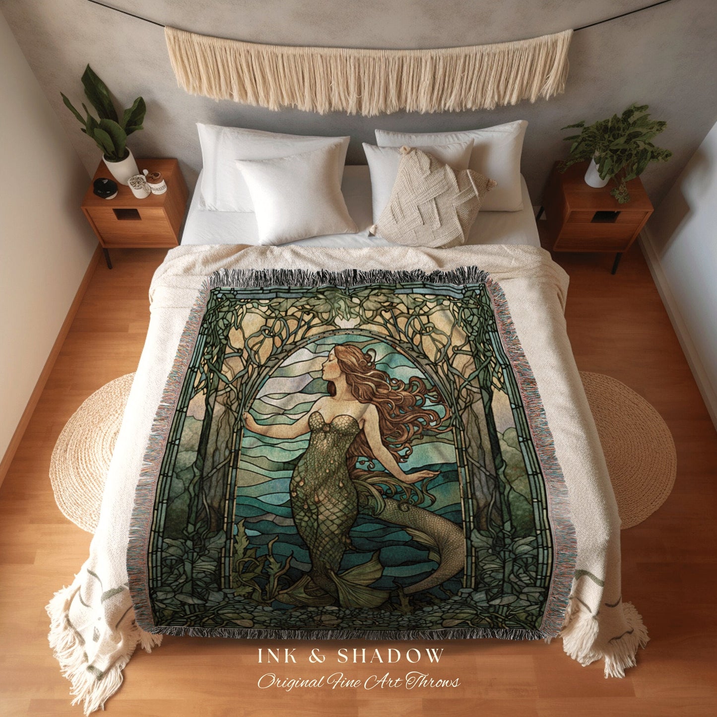 Art Nouveau Mermaid Blanket | Celestial Mermaid Dark Cottagecore Decor Art Nouveau Tapestry Woven Blanket Mermaidcore Decor Stained Glass |