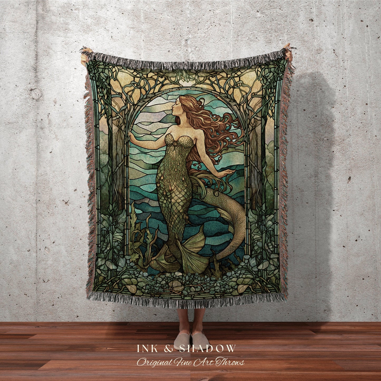 Art Nouveau Mermaid Blanket | Celestial Mermaid Dark Cottagecore Decor Art Nouveau Tapestry Woven Blanket Mermaidcore Decor Stained Glass |