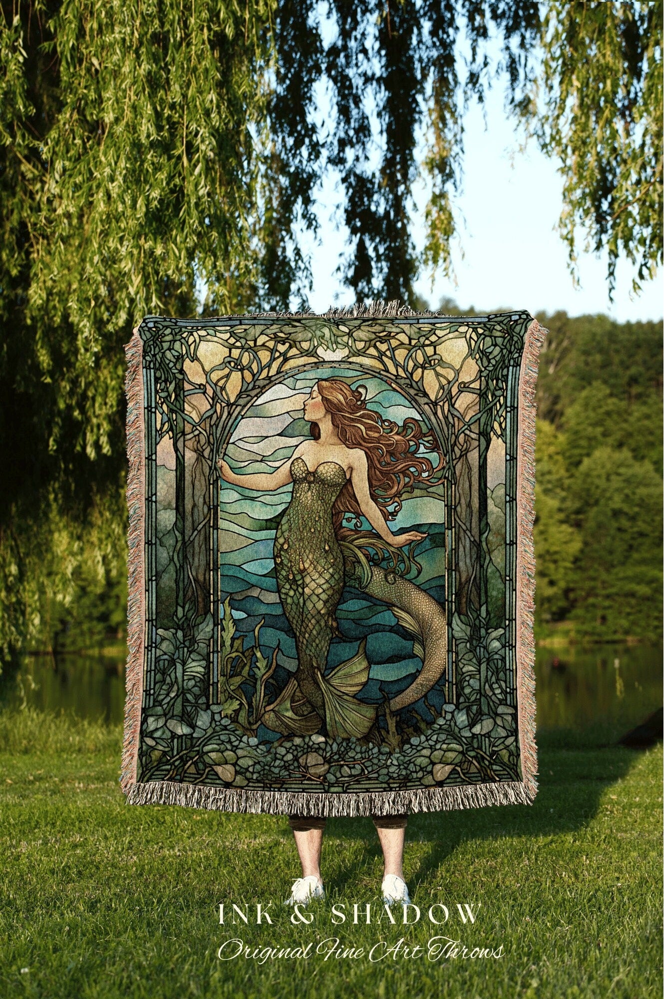 Art Nouveau Mermaid Blanket | Celestial Mermaid Dark Cottagecore Decor Art Nouveau Tapestry Woven Blanket Mermaidcore Decor Stained Glass |