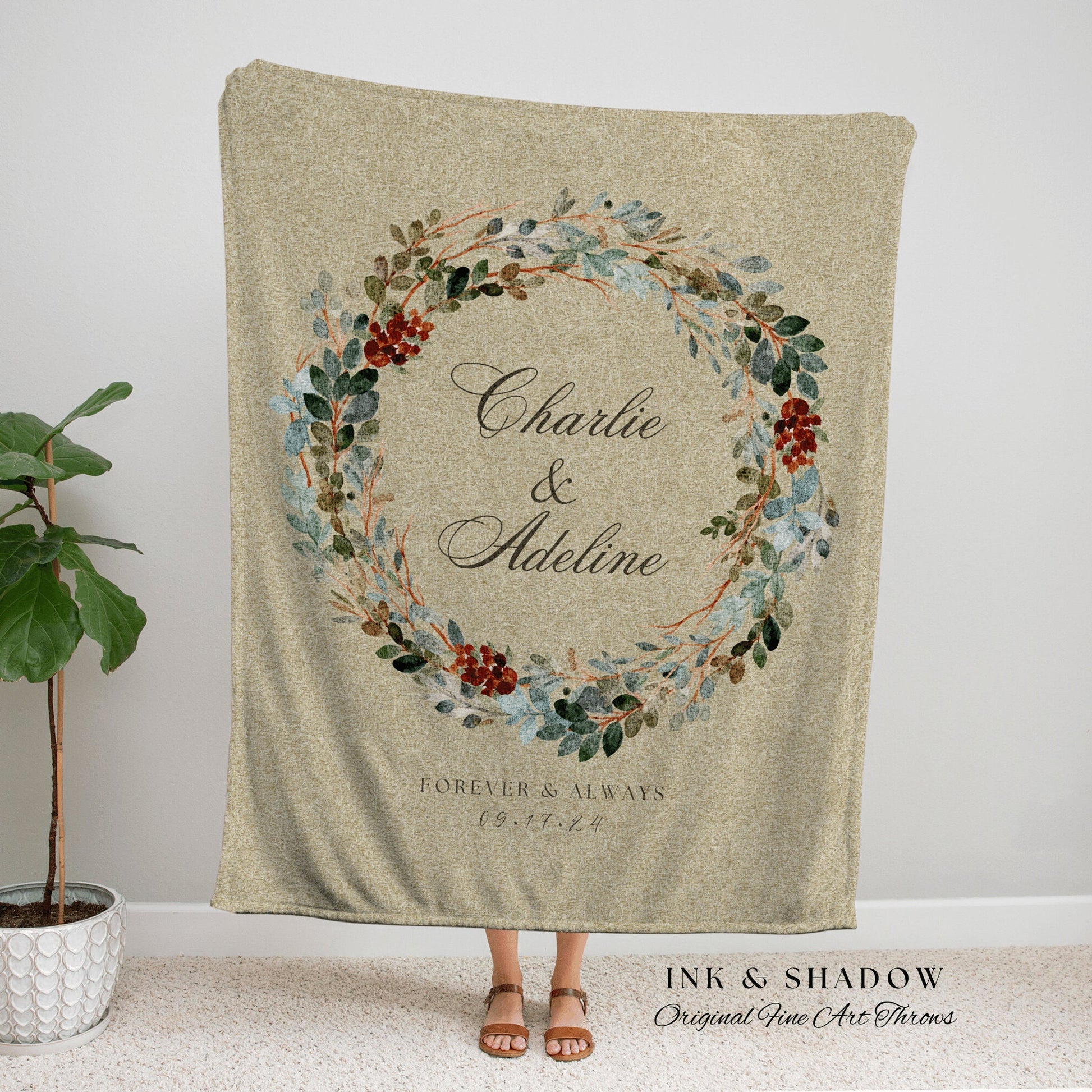 Vintage Floral Wreath Wedding Blanket Custom Last Name Gift Blanket Personalized Wedding Custom Anniversary His and Hers Initials Tapestry