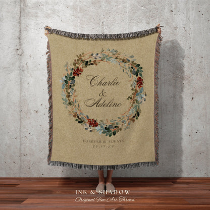 Vintage Floral Wreath Wedding Blanket Custom Last Name Gift Blanket Personalized Wedding Custom Anniversary His and Hers Initials Tapestry