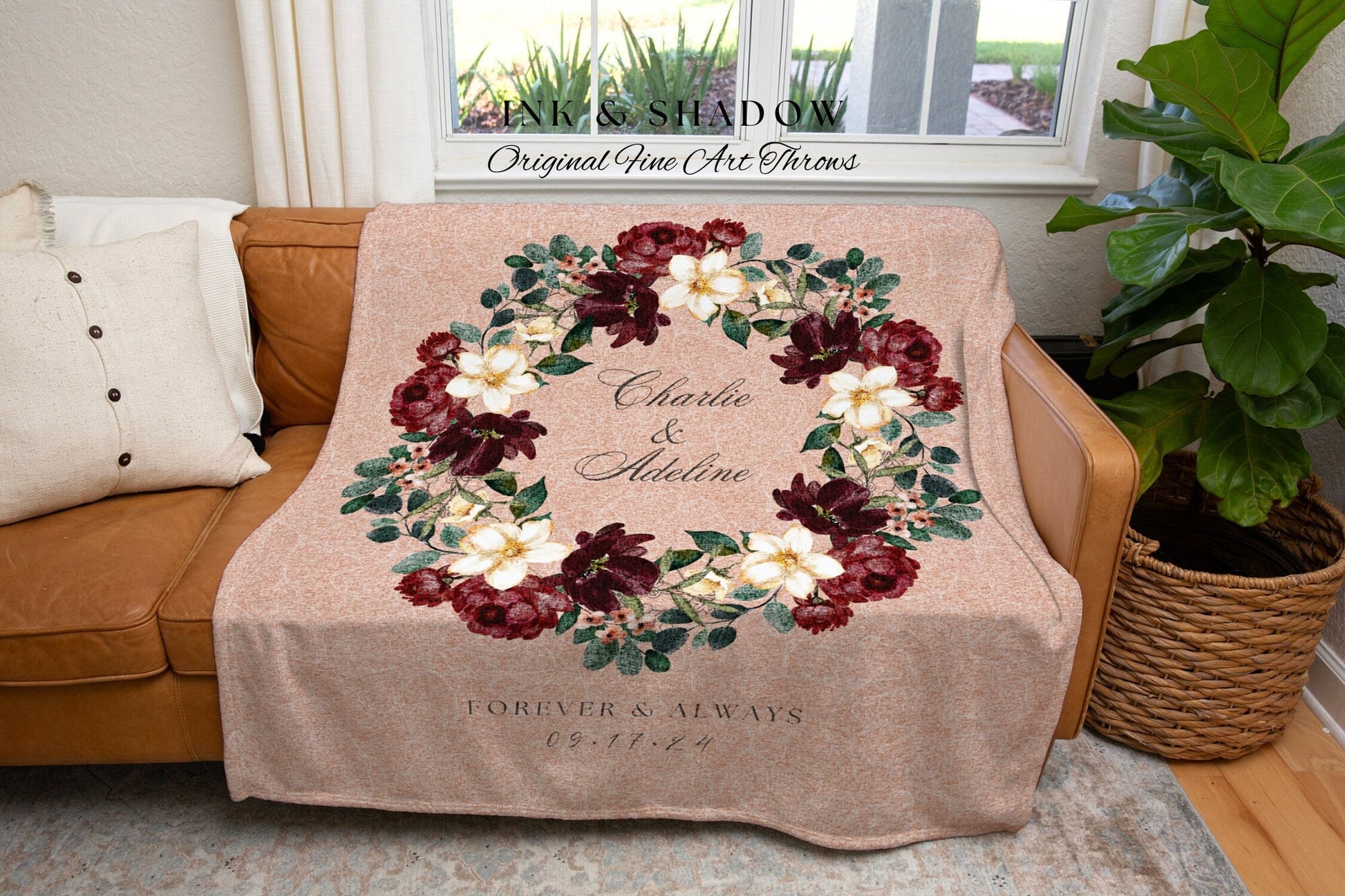 Couples Anniversary Blanket | Custom Wreath Monogram Blanket Woven Tapestry Personalized Initials Gift Cottagecore Wedding Anniversary Gift