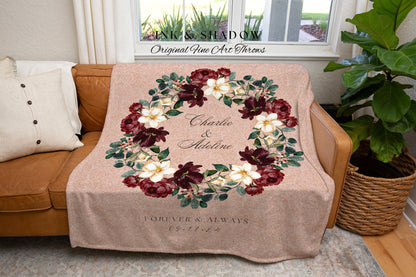 Couples Anniversary Blanket | Custom Wreath Monogram Blanket Woven Tapestry Personalized Initials Gift Cottagecore Wedding Anniversary Gift