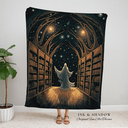 Dark Academia Tapestry Blanket | Ghost in Library Autumn Aesthetic Goth Art Victorian Ghost Painting Vintage Halloween Blanket Reader Gift |